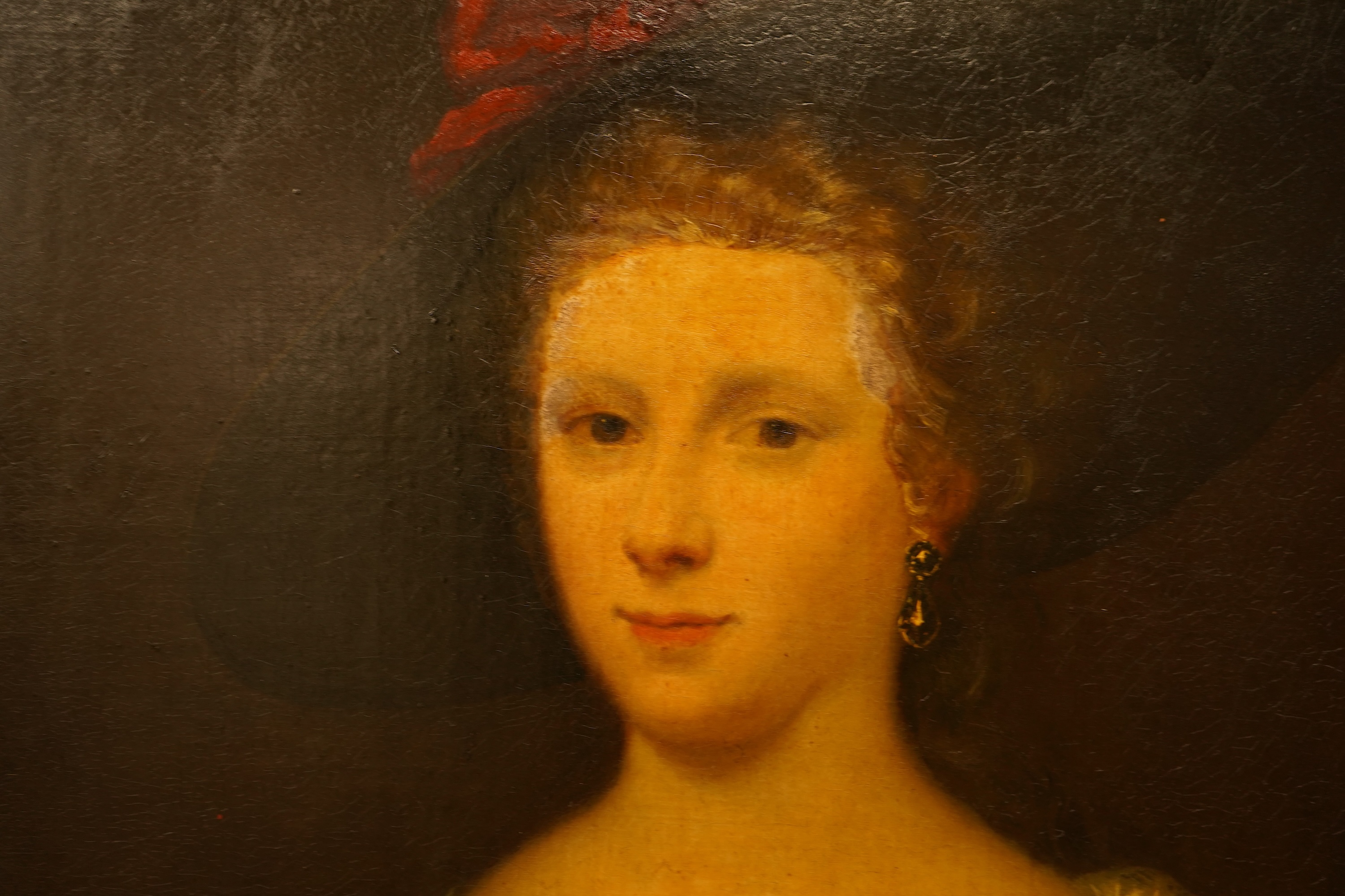 18th century, English school, Portrait of a lady in Georgian dress, unsigned, oil on canvas, 87 x 64cm, ornate gilt frame